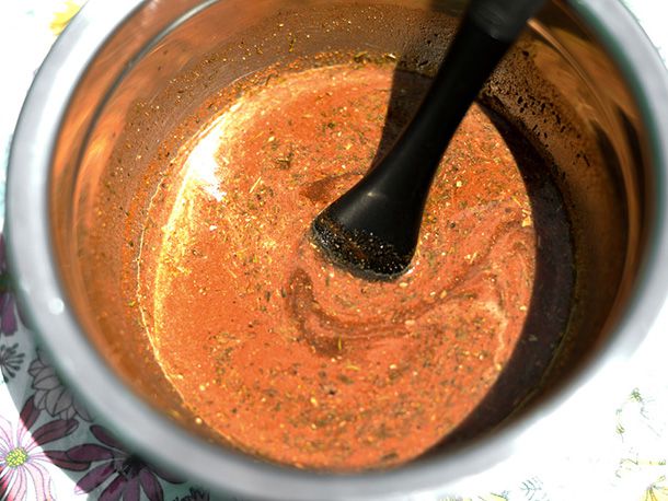 Overhead view of a prep bowl containing the mop.