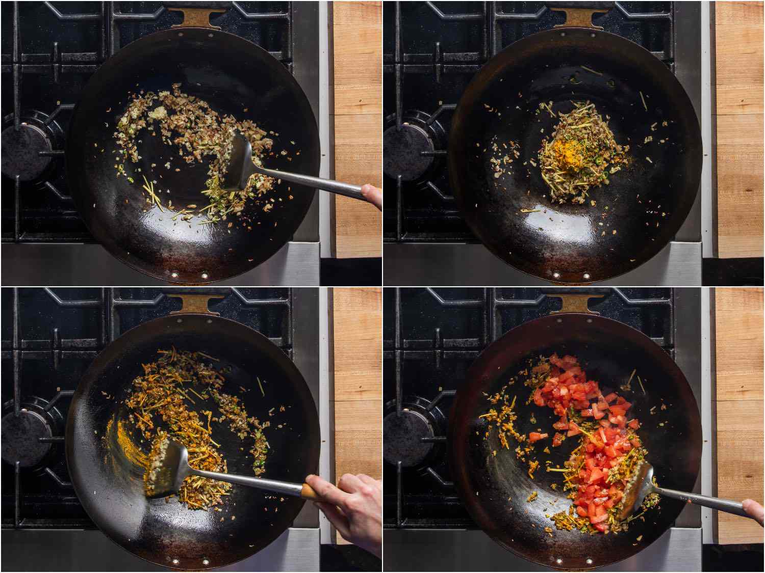Collage showing steps for creating sauce for aloo gobi