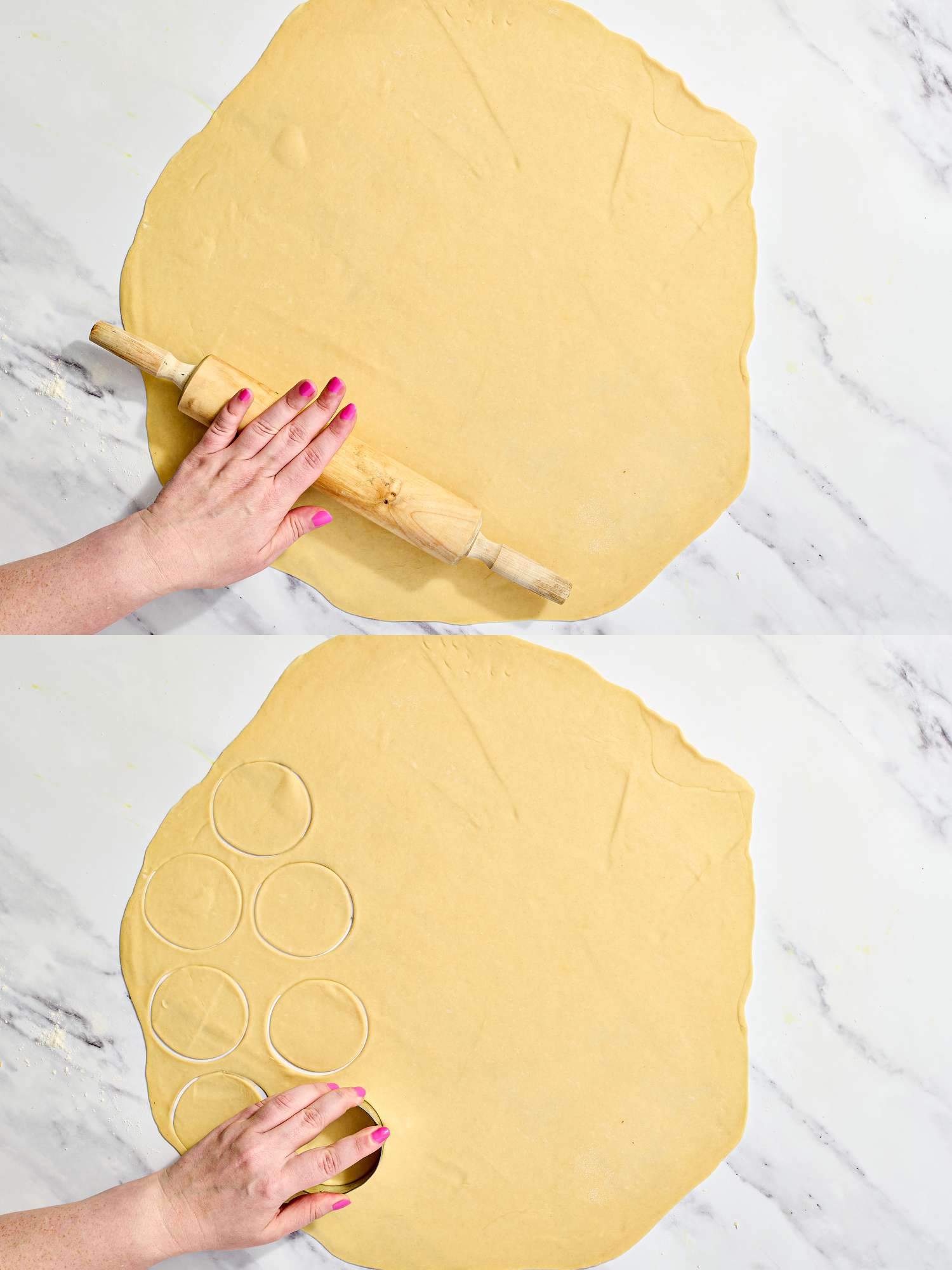 2 image collage: Top: Rolling out dough on a dusted surface to about 19" around. Bottom: punching rounds out of cookie dough with a 3 inch cookie cutter 