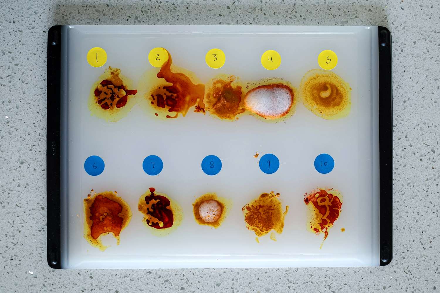 Labeled food stains on a plastic cutting board with degreaser sprays on top of each one.