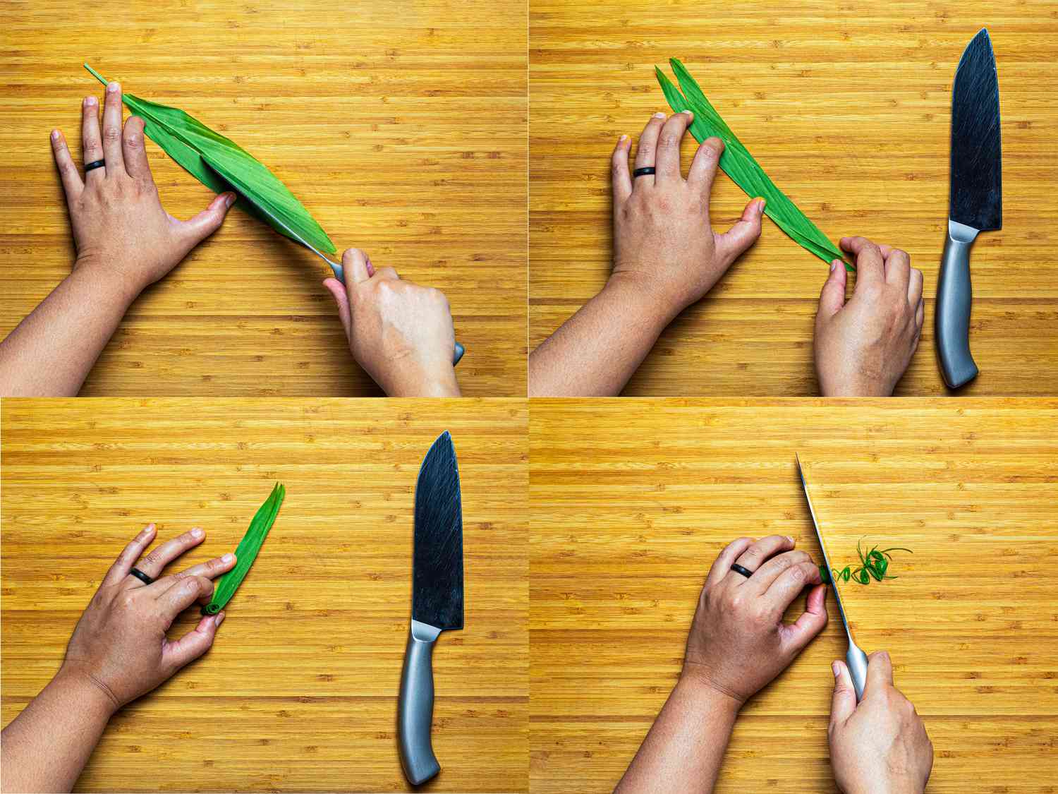 Trimming turmeric leaf on cutting board.