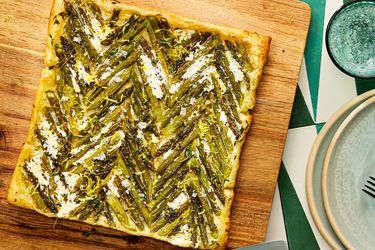 Overhead view of asparagus upside down sheet tart