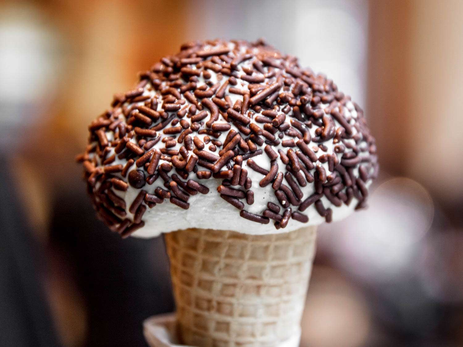 A scoop of vanilla ice cream on a sugar cone, covered in chocolate sprinkles.