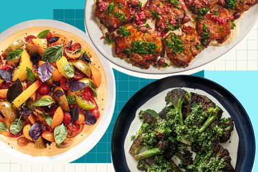 Three plate collage of dishes with double sauce