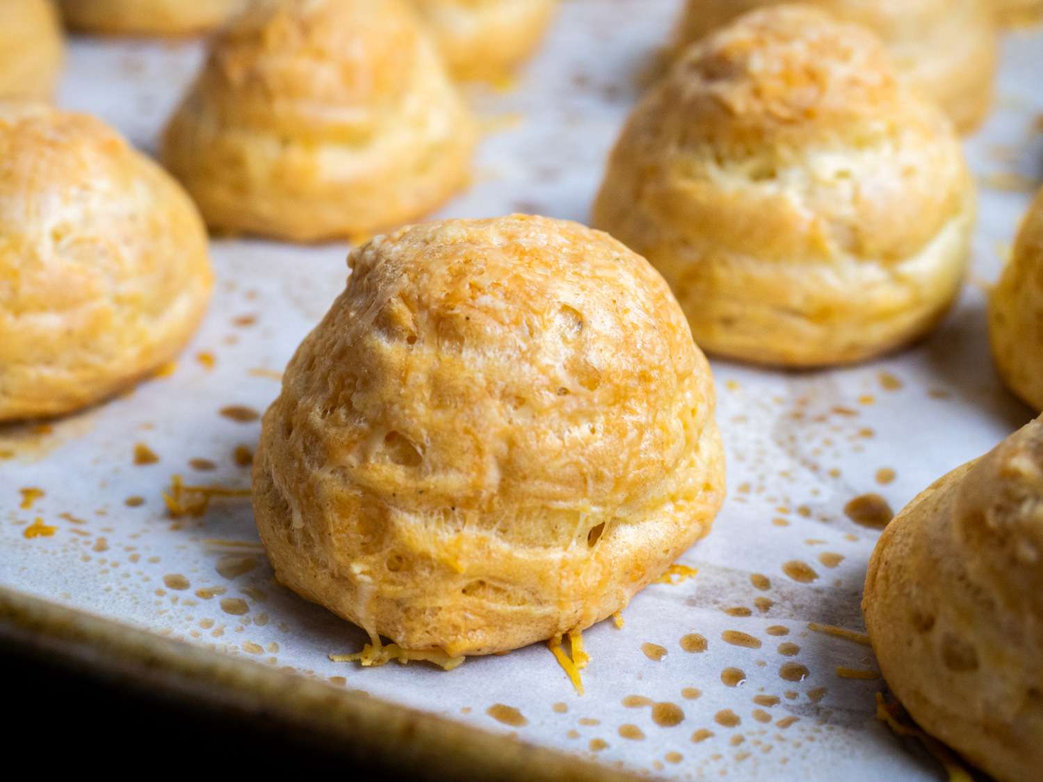 Closeup of a finished gougère, ready to serve. 