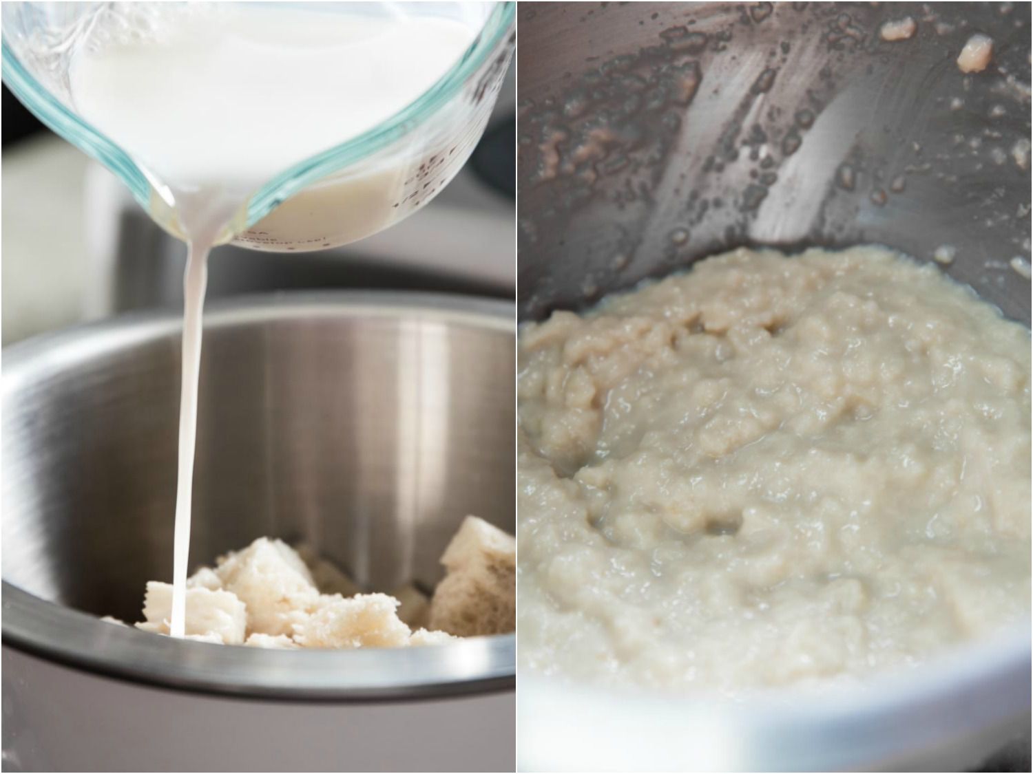 Collage of milk being combined with white bread chunks in a bowl and the resulting panade after soaking.