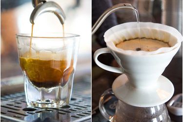 A side-by-side comparison of espresso being brewed into a thick shot glass and a goose-neck kettle adding water to a pour-over coffee brewer.