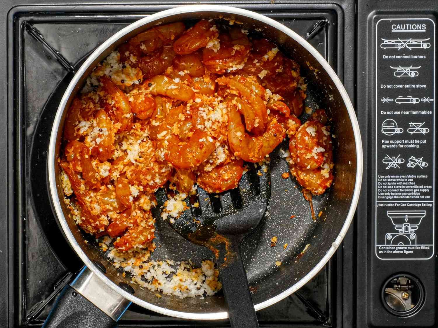 Overhead view of shrimp added