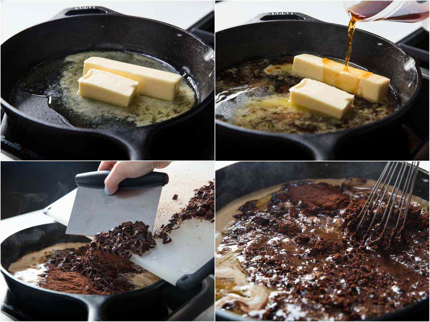 A 4-image collage of making chocolate skillet cake batter: melting butter in the skillet, adding coffee, incorporating chocolate and cocoa into the melted butter/coffee mixture.