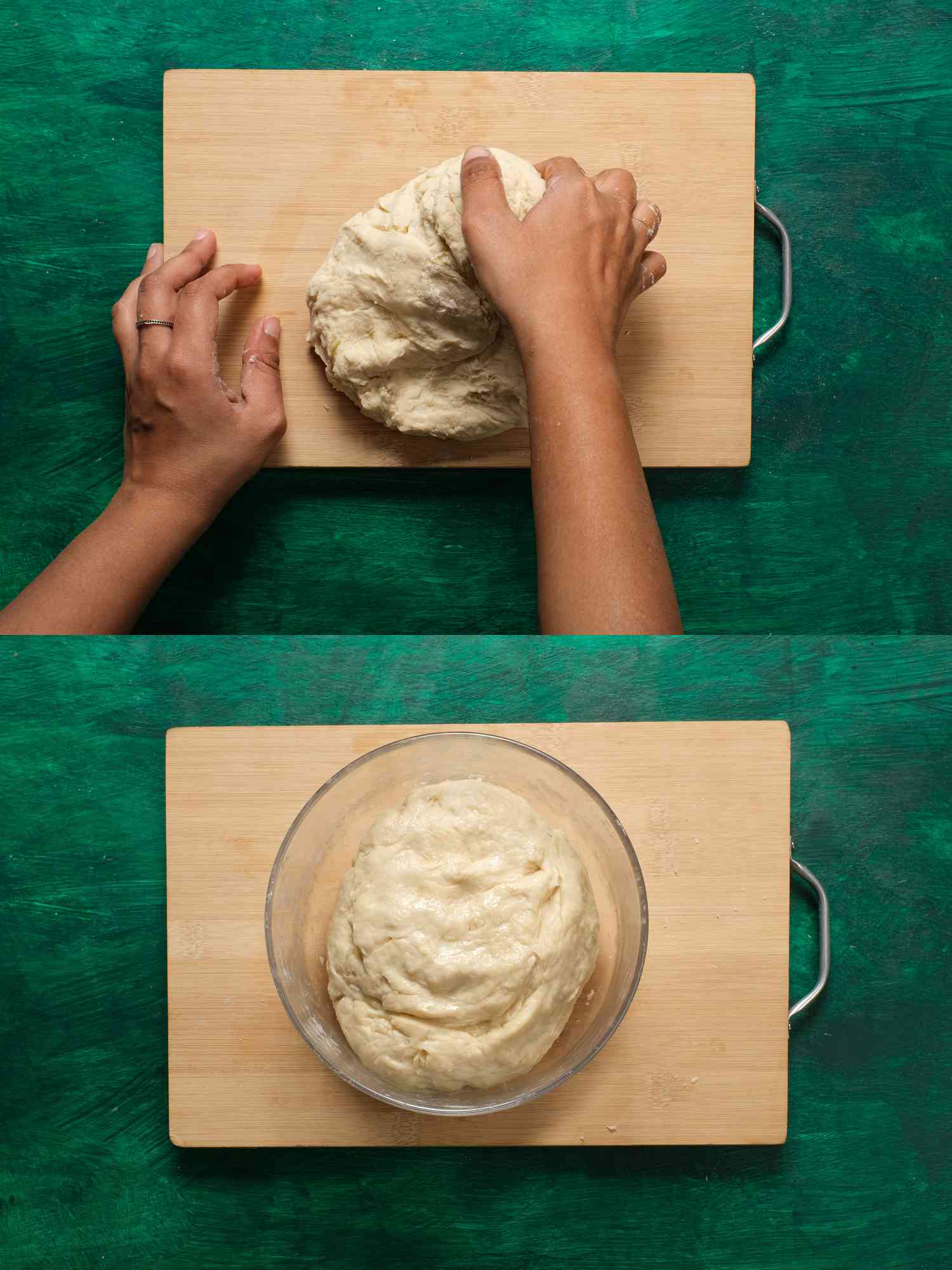 2 image collage. Top: Kneading dough on a wooden board and green surface. Bottom: dough in bowl on a wooden board and green surface 