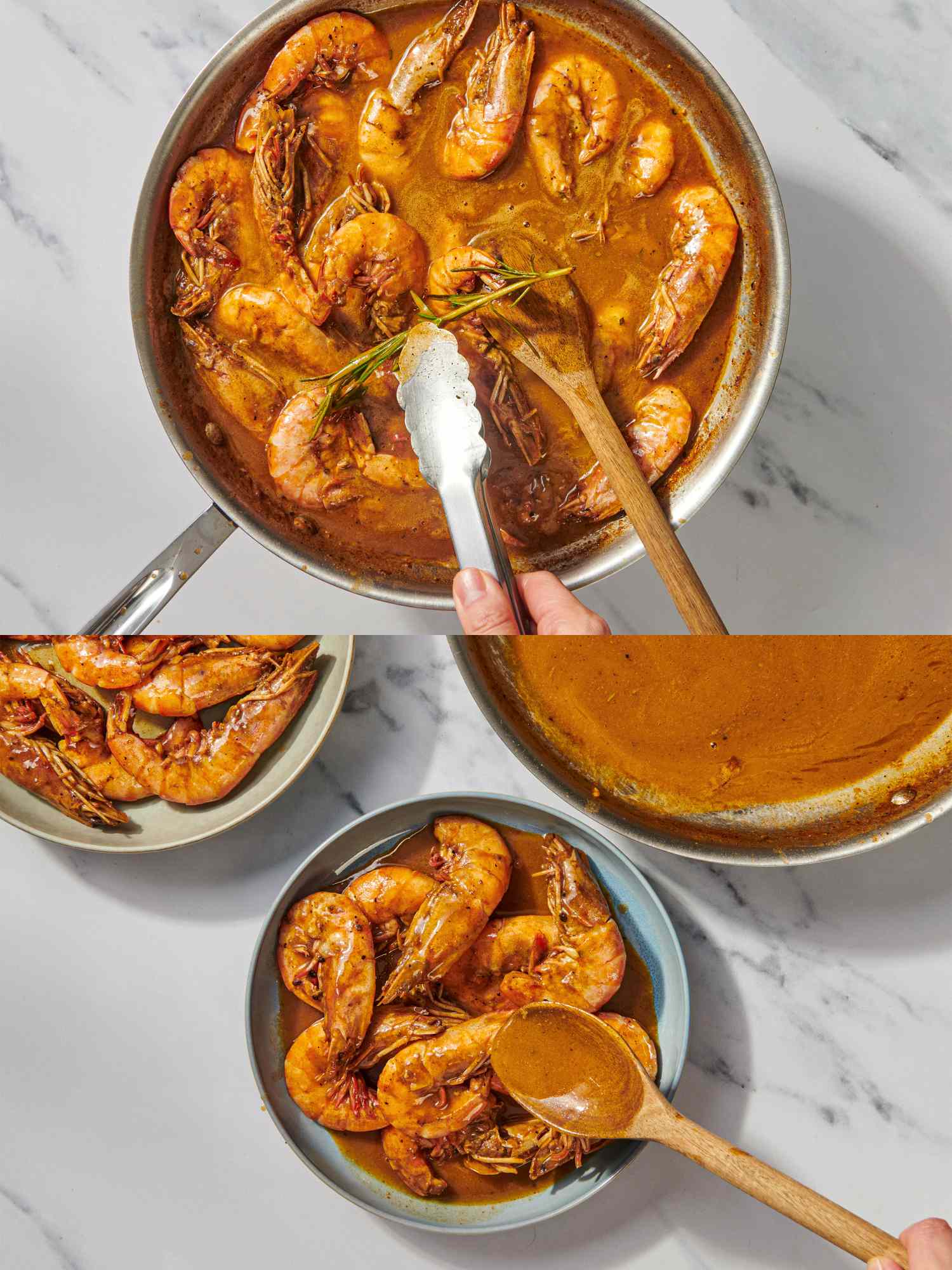 Two images showing a pan of cooked shrimp with sauce and a serving being transferred to a bowl using tongs and a wooden spoon