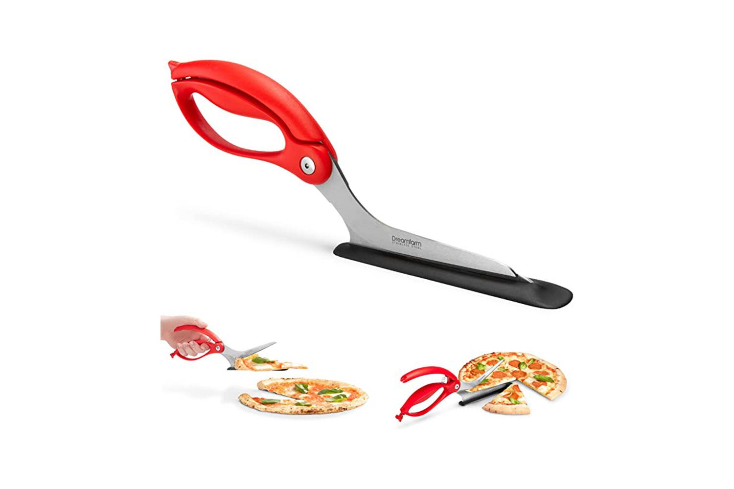 Dreamfarm Scizza | Non-Stick Pizza Scissors with Protective Server | Stainless Steel Pizza Cutter Scissors | All-In-One Pizza Slicer and Pizza Server | Easy-To-Use &amp; Easy-To-Clean Pizza Cutters | Red