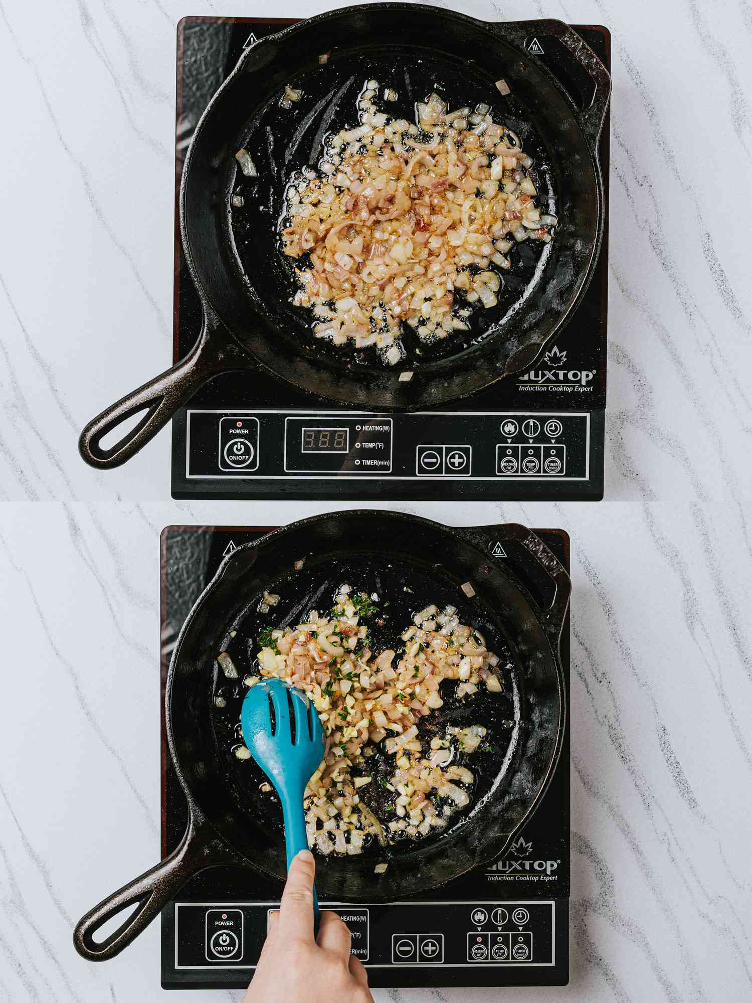 Two image collage of cooking onions