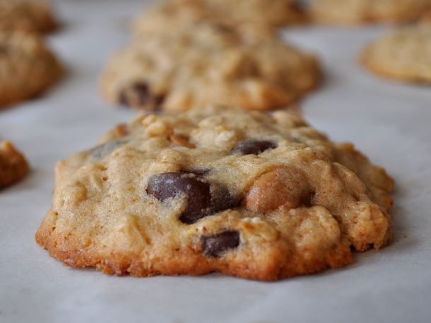 Closeup of banana oatmeal cookies with peanut butter and chocolate chips, freshly baked.
