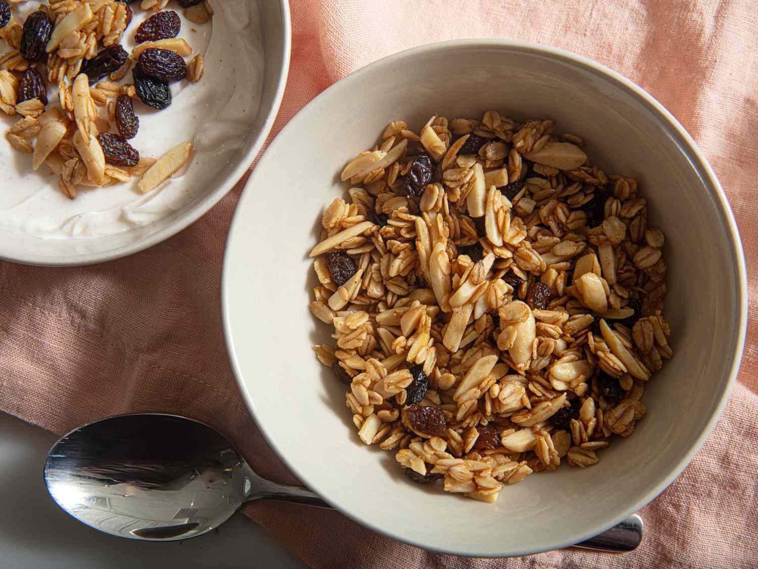 Overhead view of a bowl of granola