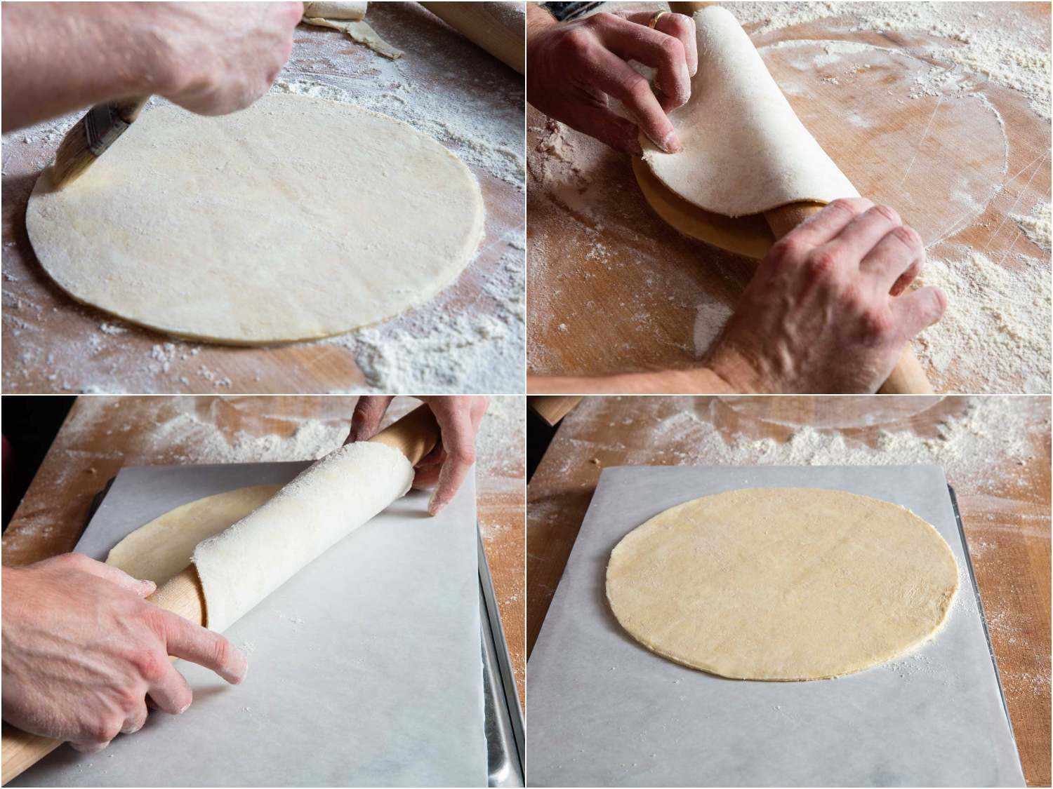 Photo collage of a round of pie dough being transferred to a piece of parchment set on an inverted rimmed baking sheet.