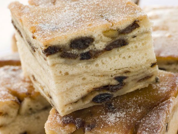 Big squares of lardy cake piled on one another. 