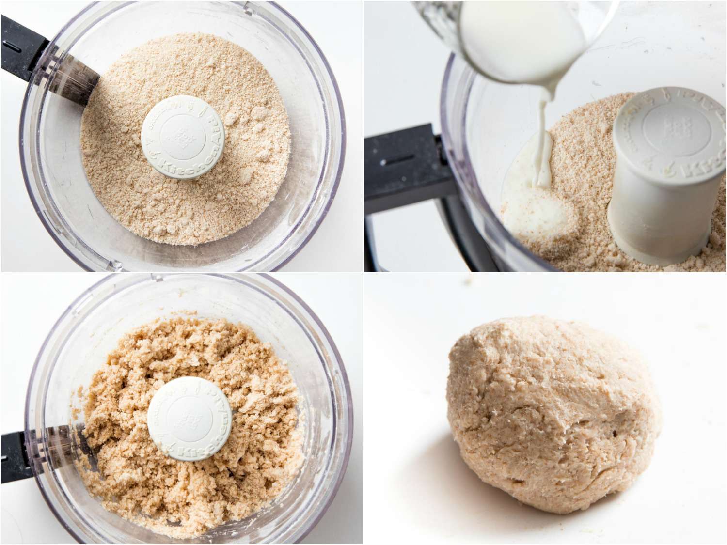 A four-image collage showing the dough being made in a food processor. The top left image shows the dry ingredients in the food processor bowl. The top right image shows the buttermilk being poured into the food processor. The bottom left image shows the dry ingredients and buttermilk now incorporated in the food processor. The bottom right image shows a ball of grainy, loosely formed dough.
