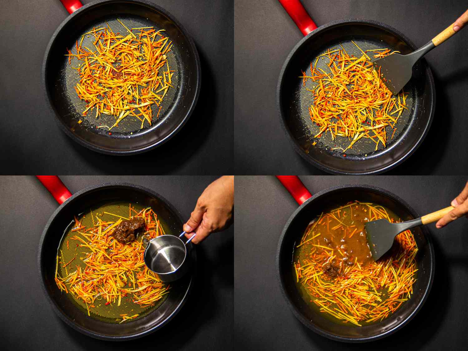 Overhead view of stir-frying ingredients