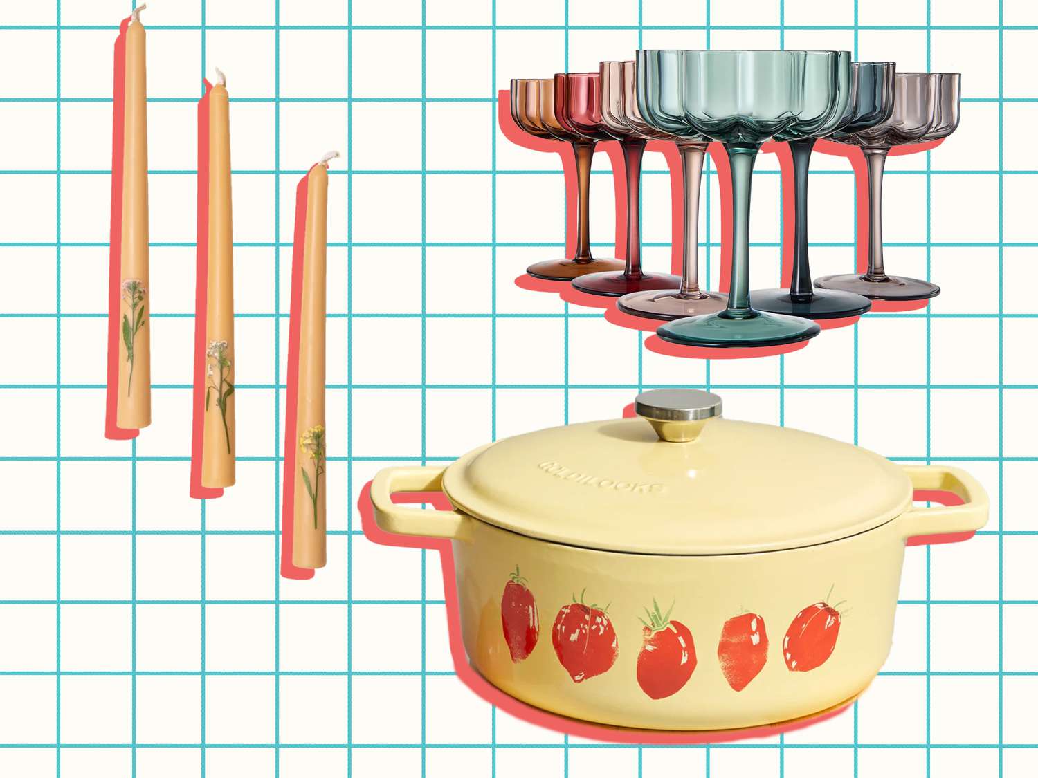 East Fork Pressed Flower Tapers, Khen Glasses, and Anastasia Inciardi Dutch Oven on a multi color background