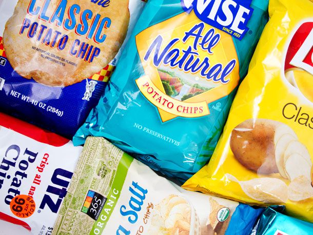 An assortment of potato chip bags. 