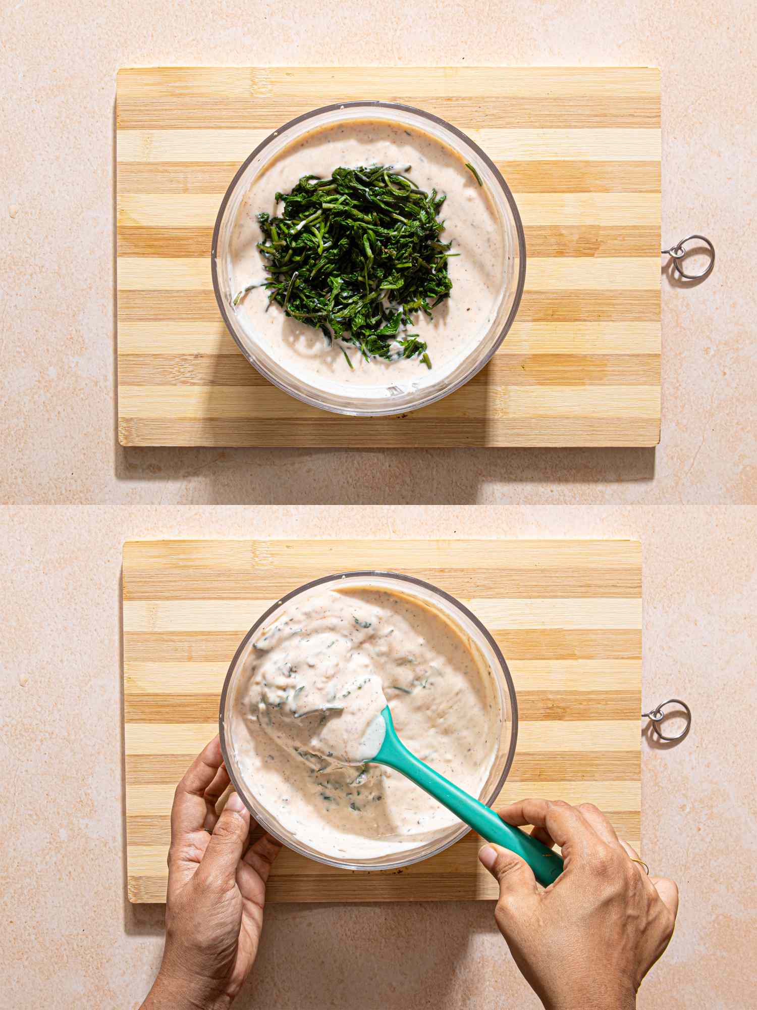 Two overhead shots showing the preparation of palak raita with spinach on yogurt being stirred with a spoon