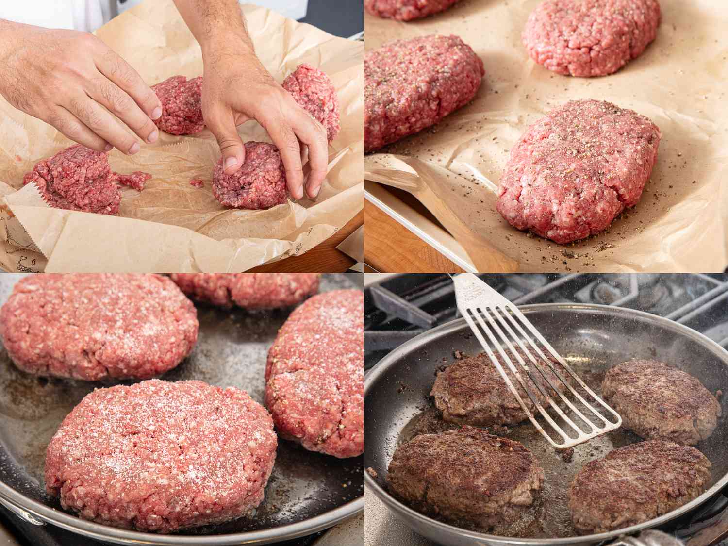 Four image collage of seasoning and cooking steaks