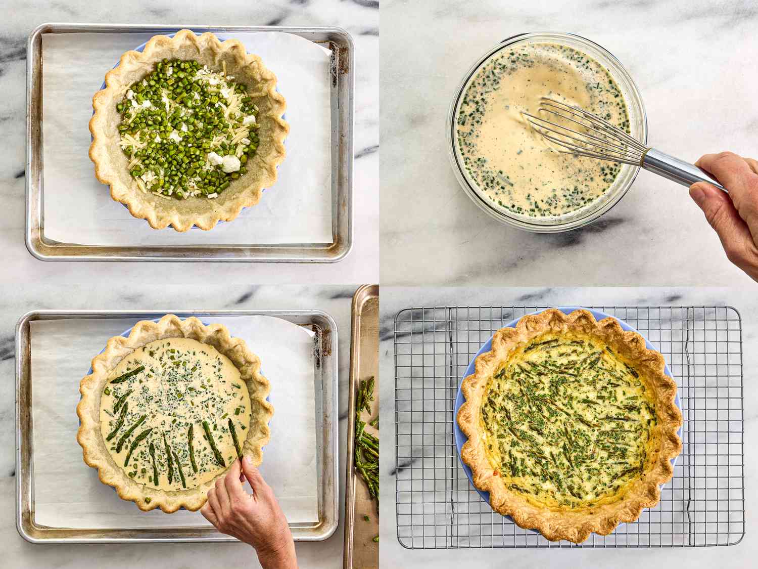 Four image collage of assembling and baking quiche