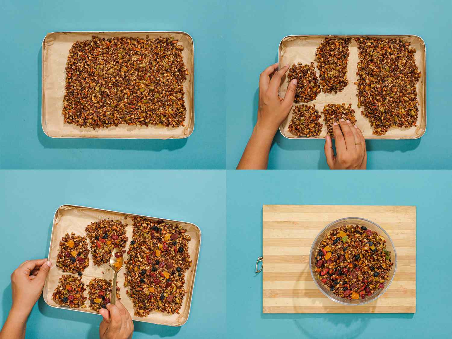 4 image collage: Top left: cooked ganola on sheetpan. Top Right: breaking up granola into clumps with your hands. Bottom Left: Using a spoon, tossing granola with dried fruit. Bottom Right: Bowl with mixed granola in it on a wooden board