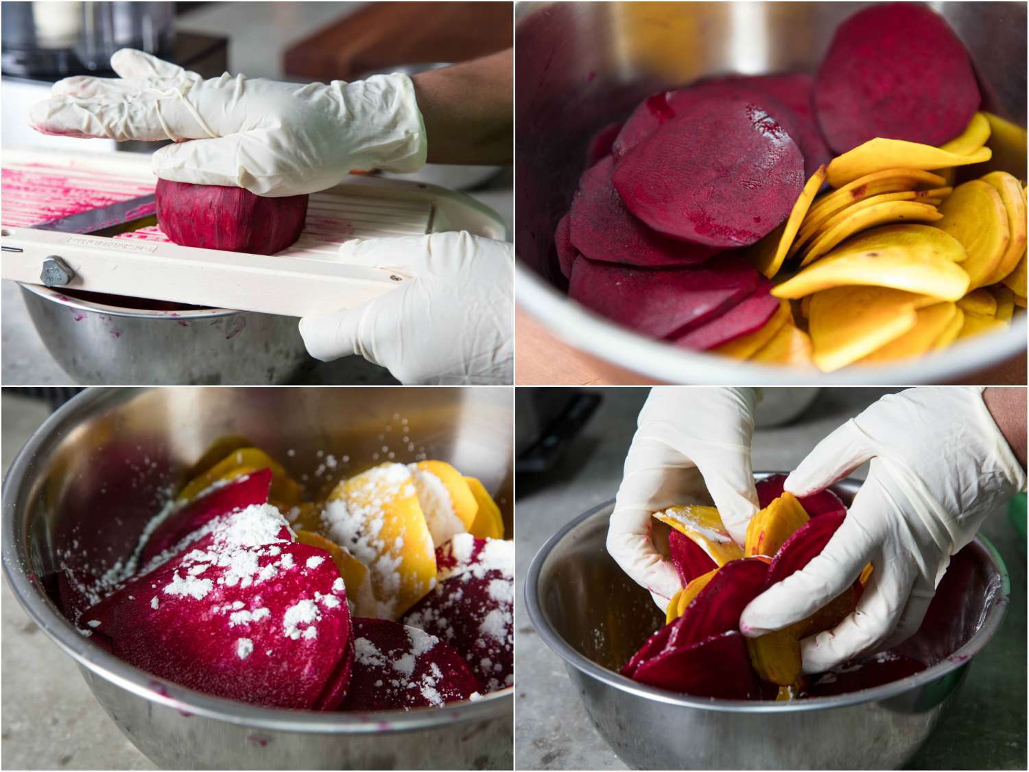 Collage of 4 images showing slicing yellow and red beets with a mandoline and tossing with cornstarch.