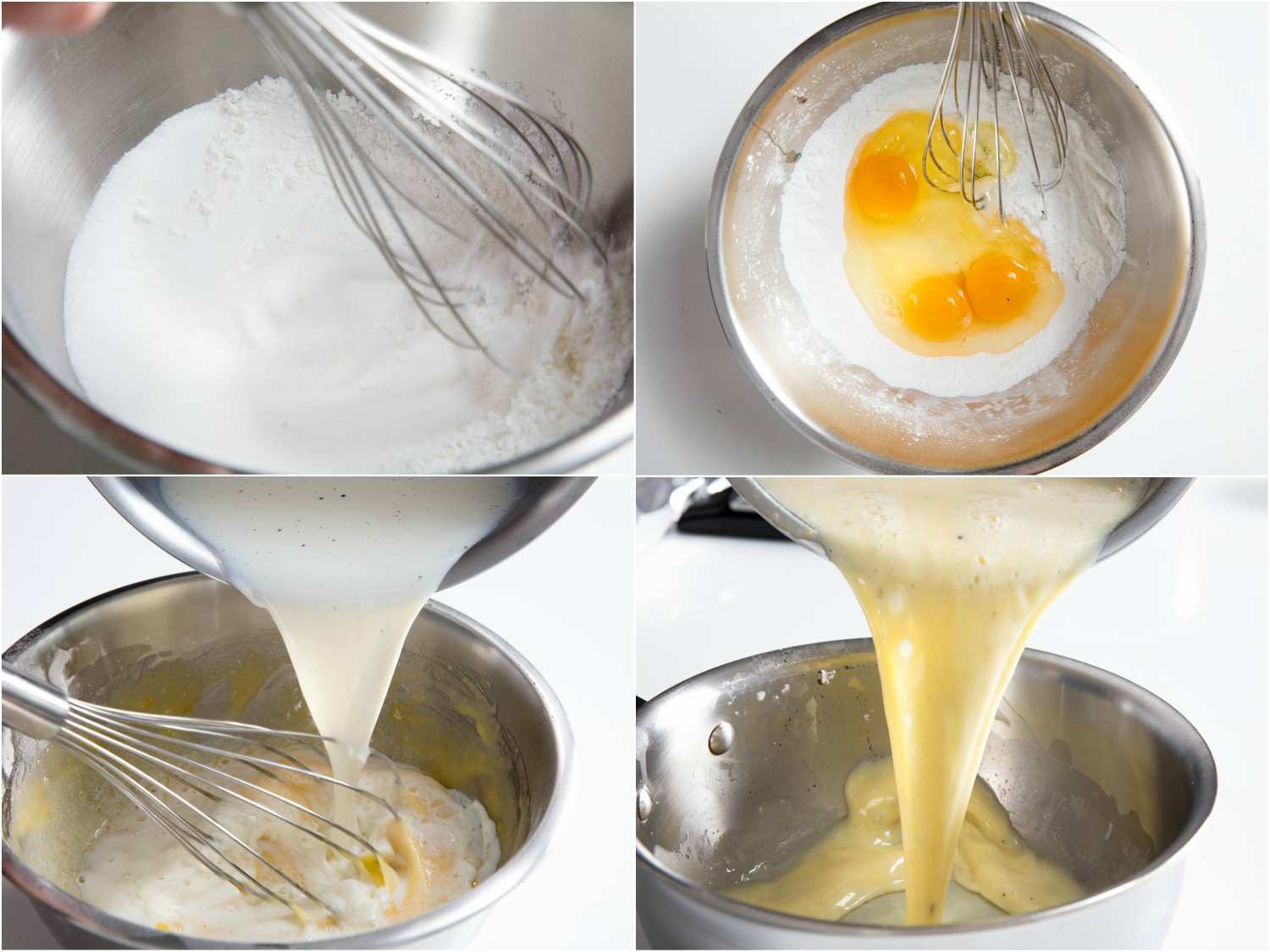 Collage of making a stove-top vanilla custard: whisking sugar and cornstarch, adding eggs, followed by steeped milk, and pouring the mixture into a saucier. 
