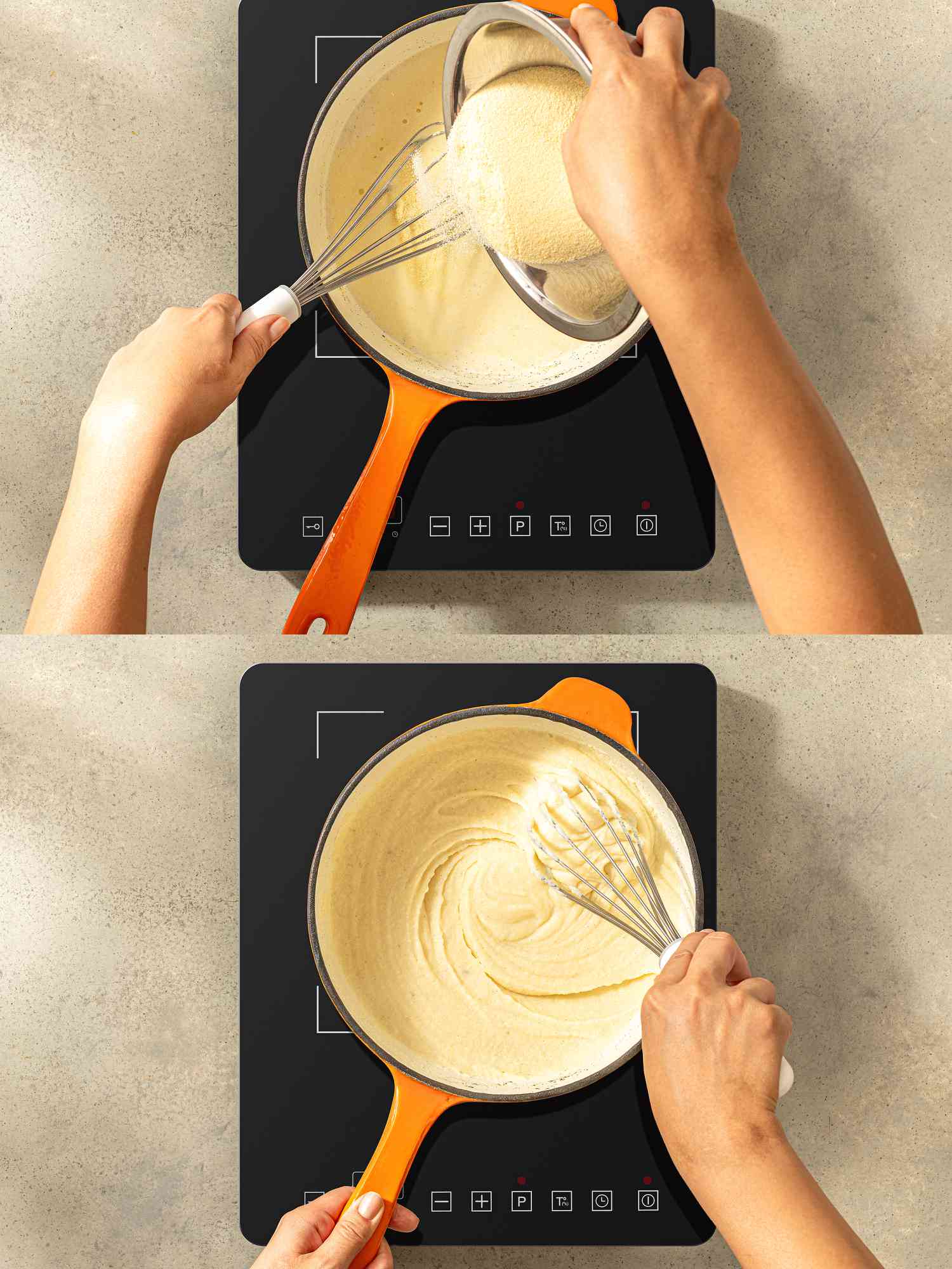 Two image collage of adding semolina and pudding thickening