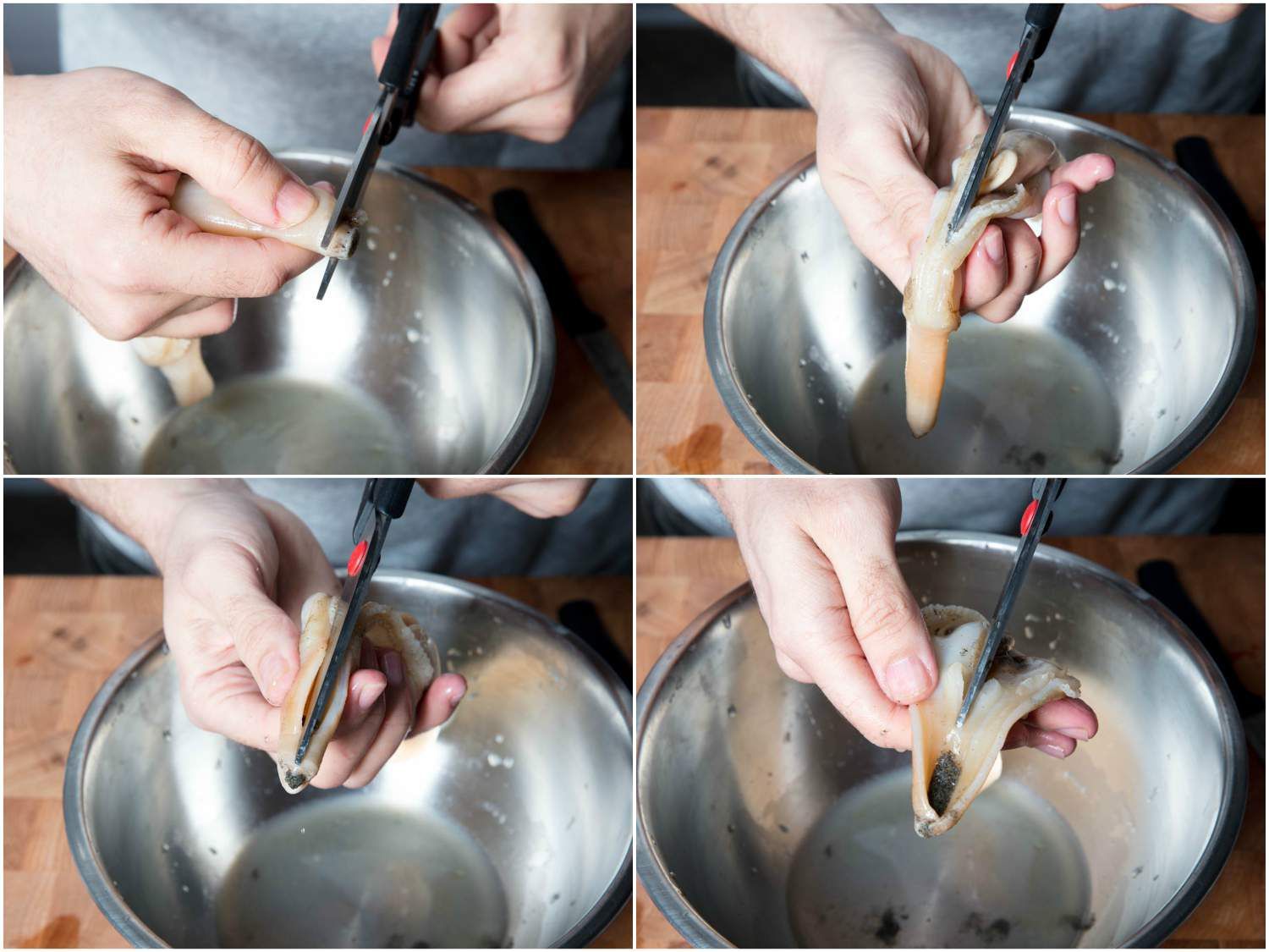 Collage of cleaning razor clam: snipping off rough tip of siphon, then butterflying clam open by cutting along zipper line.