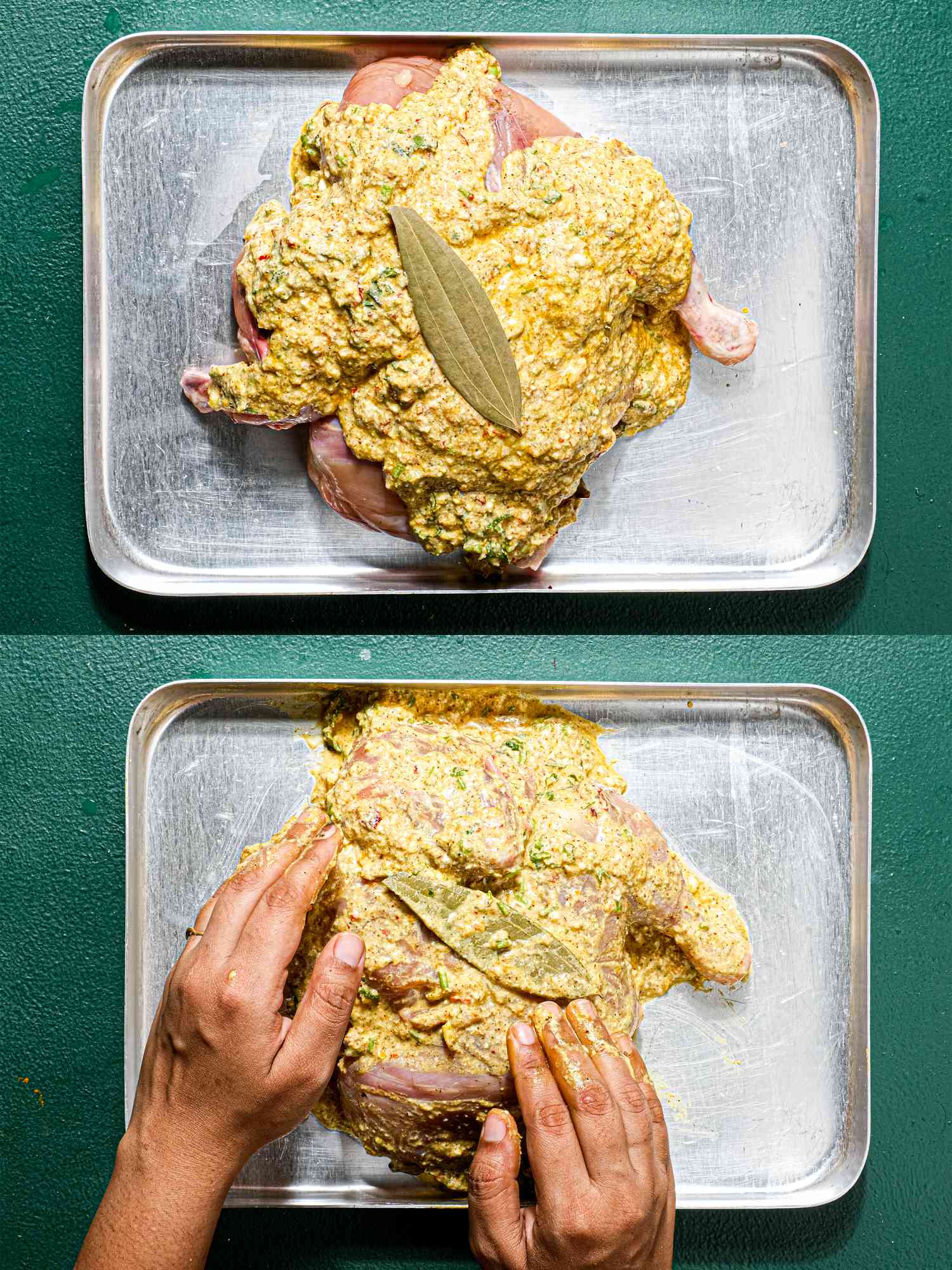 Two image collage of rubbing marinade on chicken 