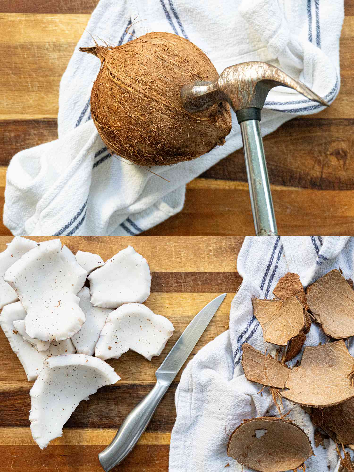 Two image collage of using a hammer to open coconut and taking the skin off of
