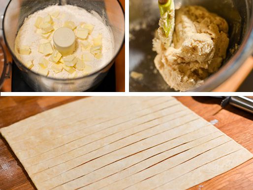A three-image collage. The top left shows tequenos dough ingredients in a food processor. The top right shows the ingredients blended. The bottom shows the dough flattened and cut into strips. 