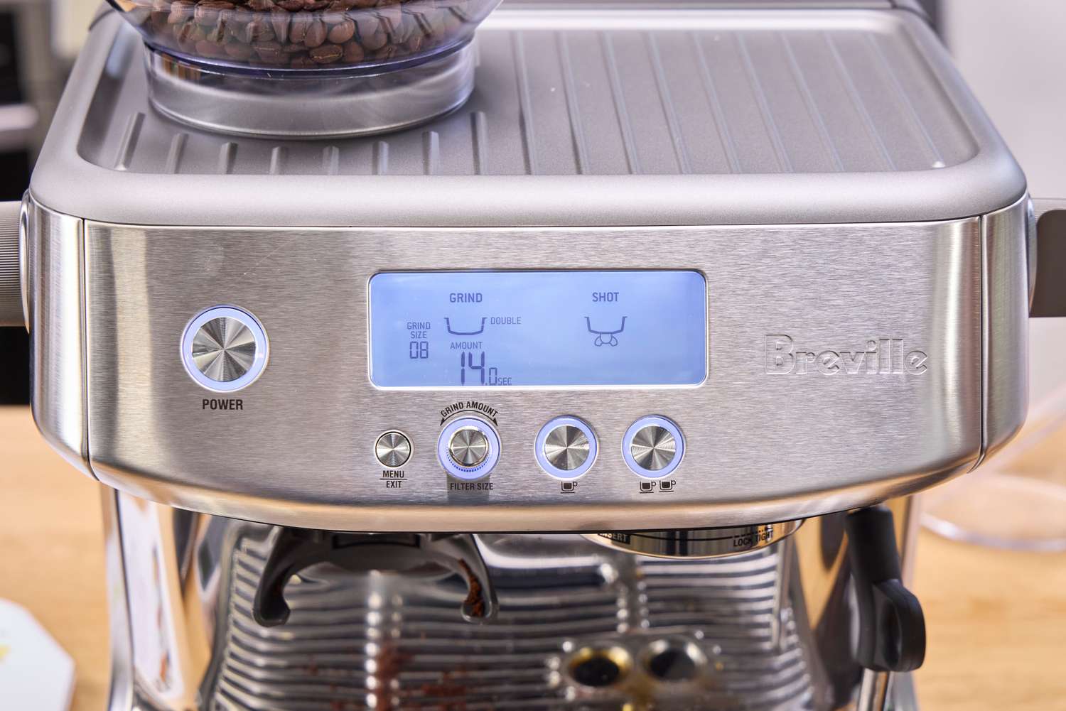 The digital display and buttons on the Breville The Barista Pro Espresso Machine