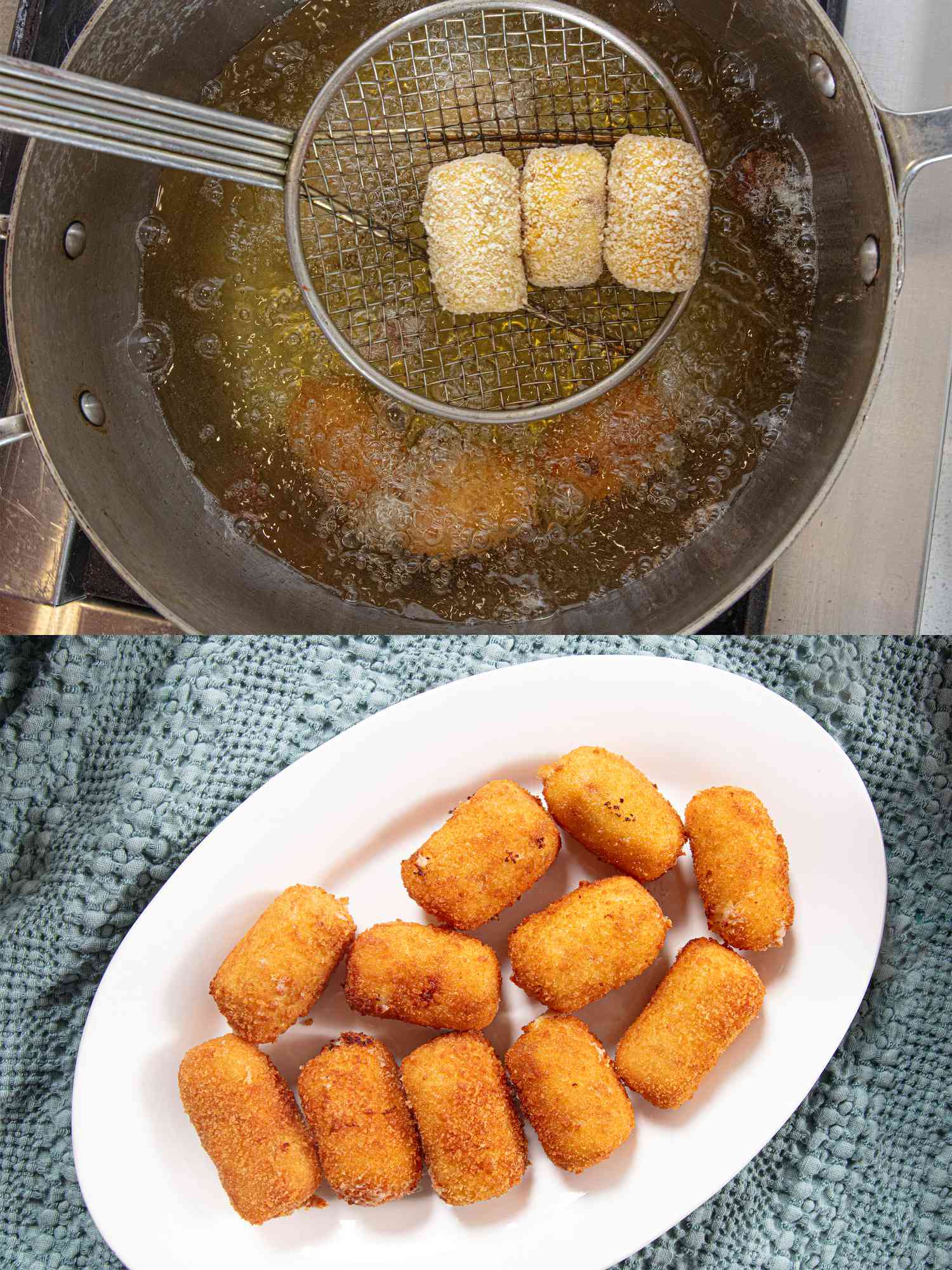 Two image collage of frying croquetas