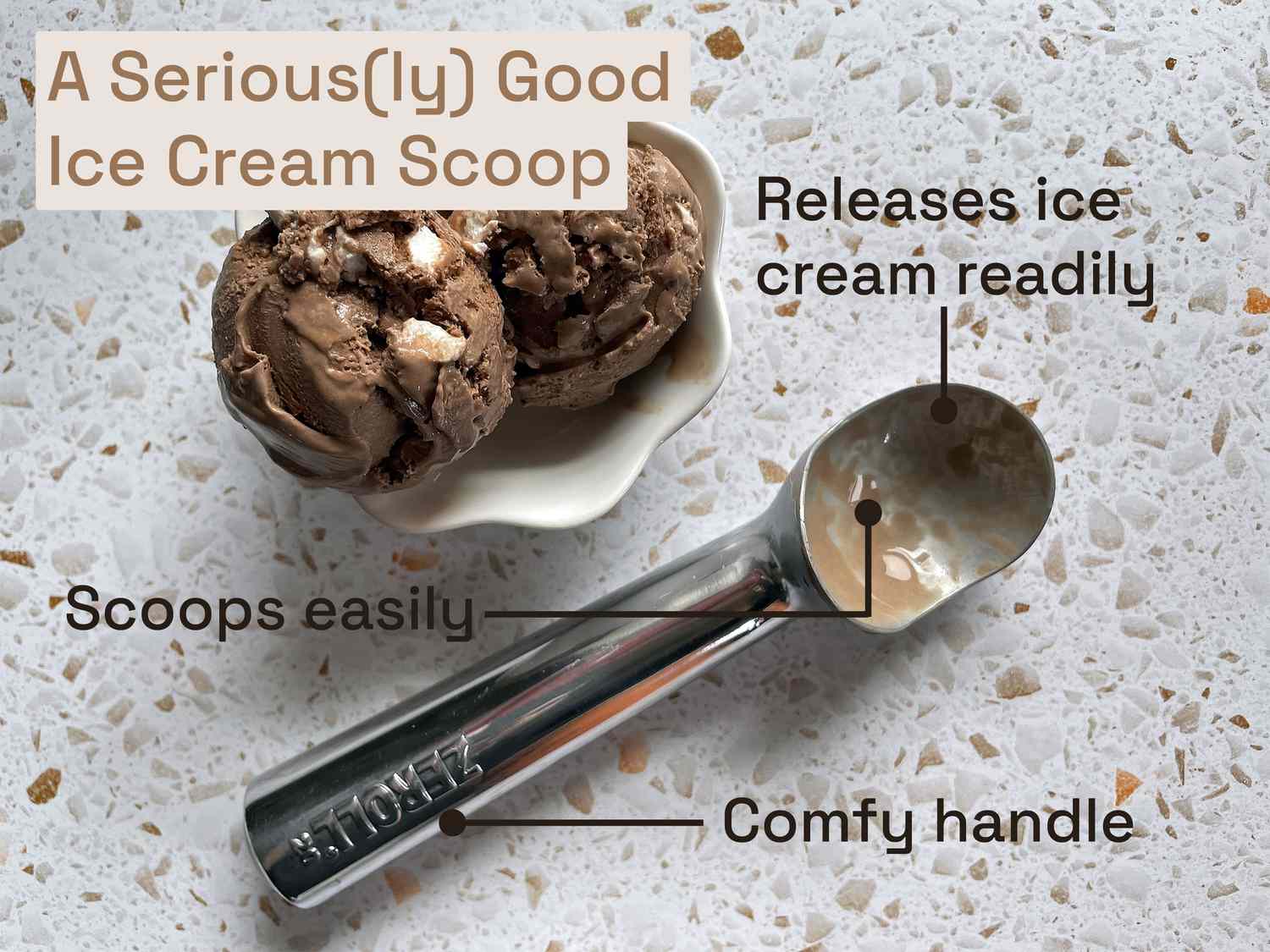 the zeroll ice cream scoop with a bowl of rocky road ice cream