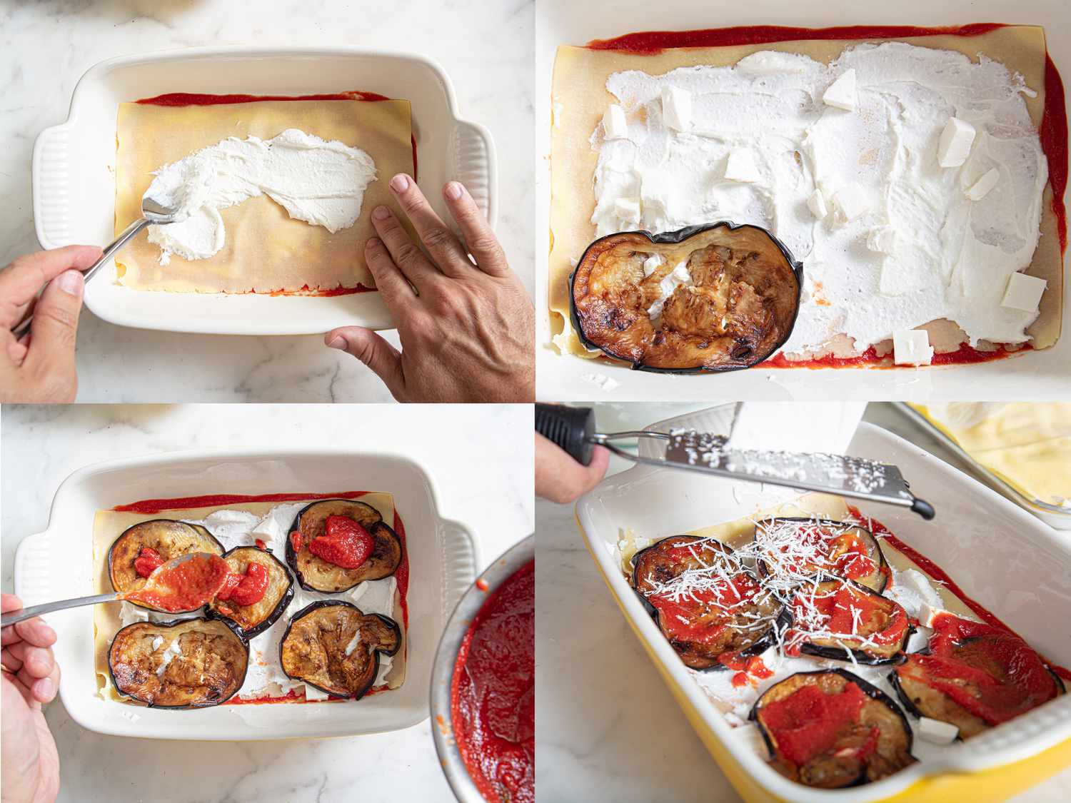 Four image collage of assembling lasagna