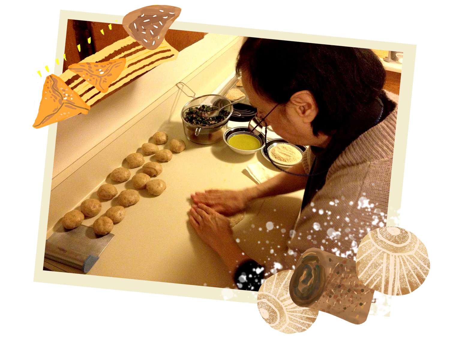 Photo of the author's mother making cookies on the counter, overlaid with illustrations of cookies