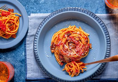 Overhead view of bucatini-all'Amatriciana
