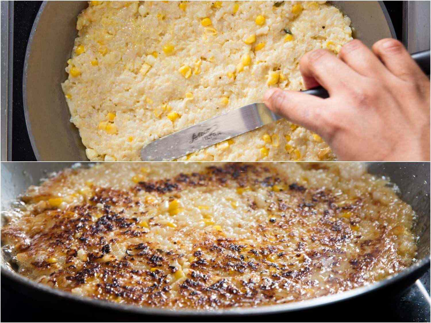 Collage of cooking corn risotto in a skillet to make a pancake.