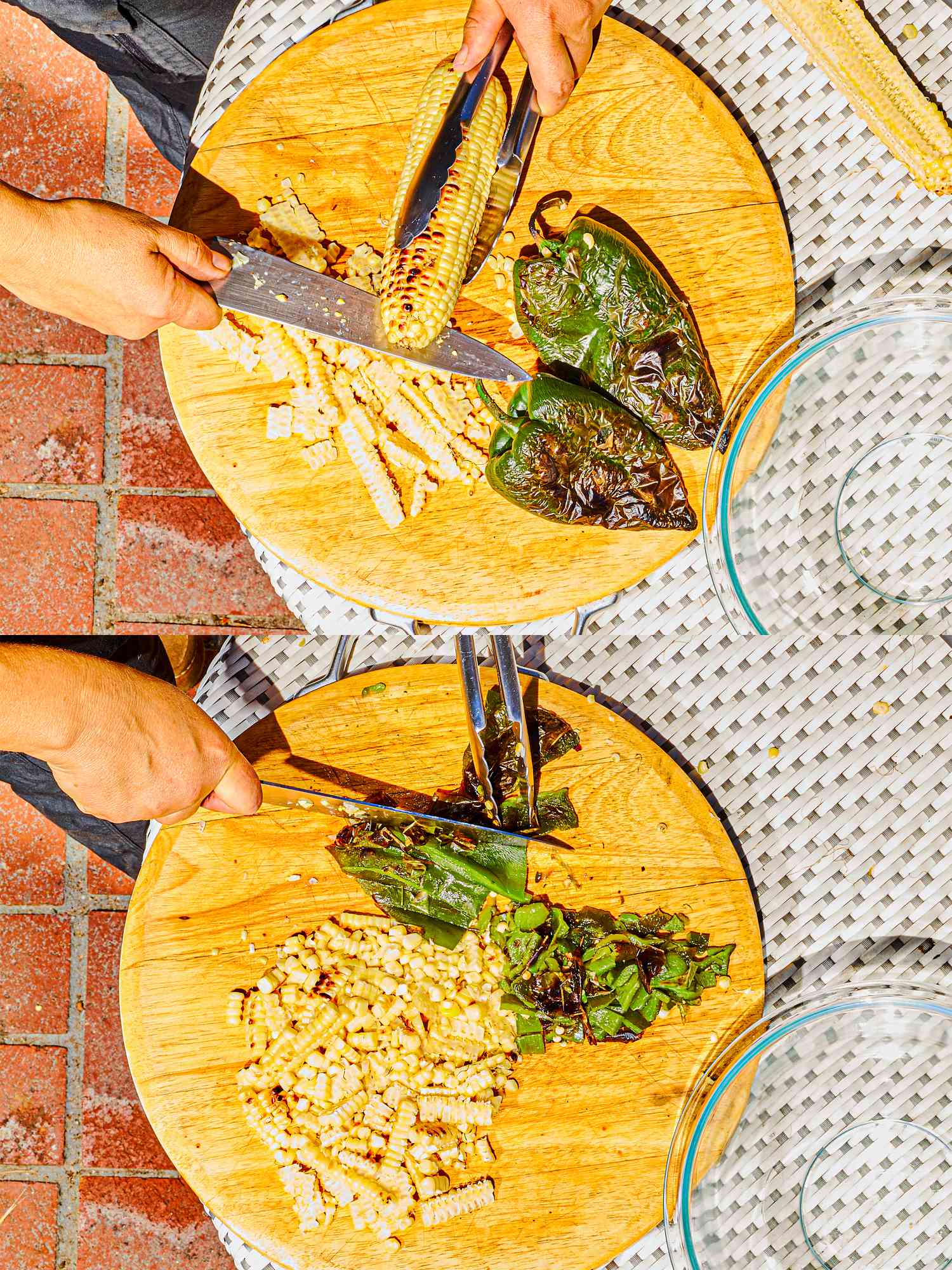 Two image collage of cutting corn