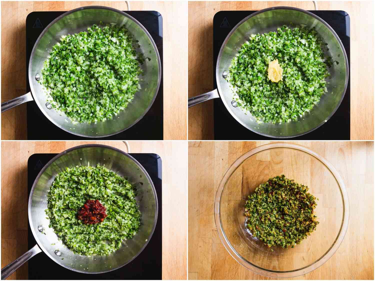 Collage showing sauteing aromatics for black bean burgers.