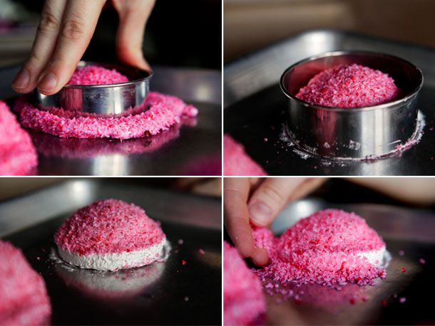 A four-image collage of using a cookie cutter to trim excess marshmallow from sno balls and then applying more tinted coconut.