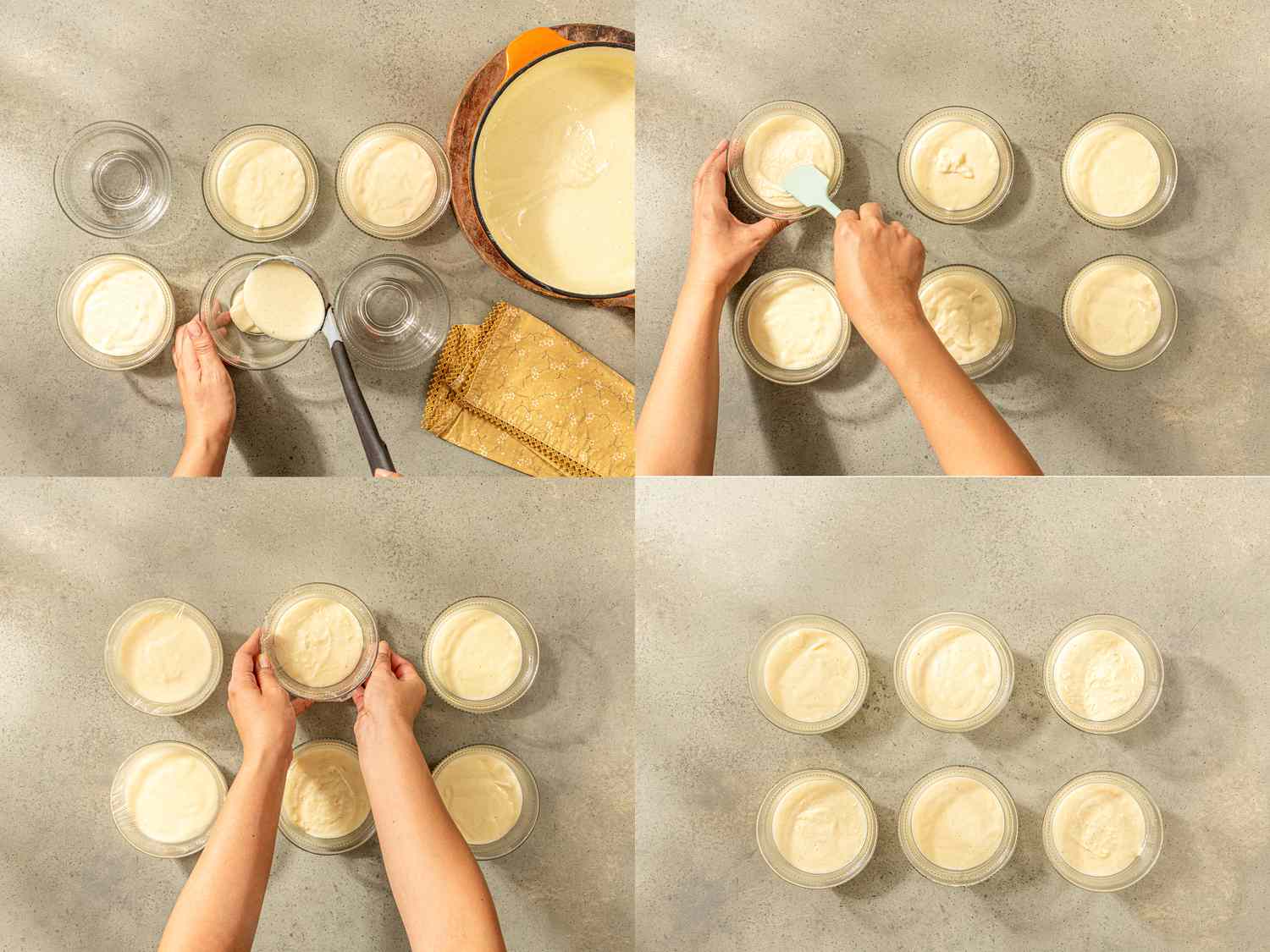 Four image collage of filling and cooling puddings in ramekins