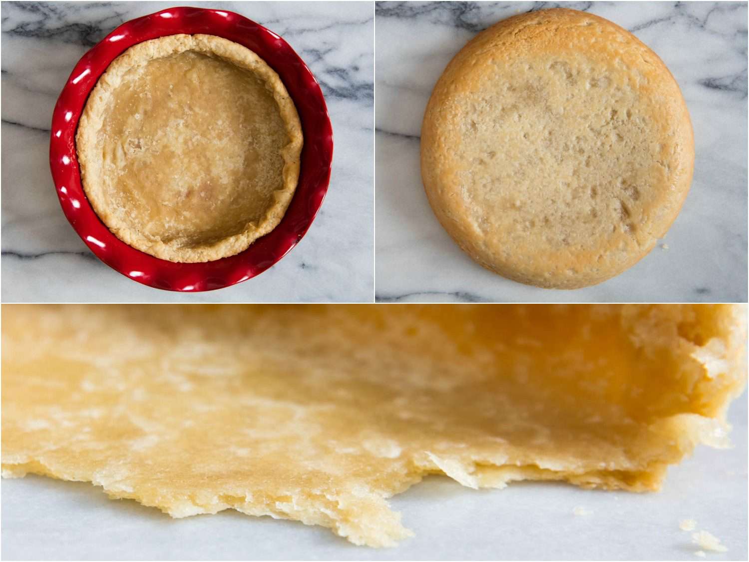 Three photos showing greasy crust cooked in a ceramic plate: from the top in the plate, from the bottom and close up of the crust. 