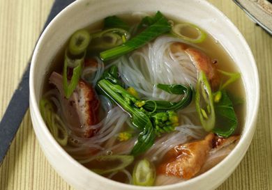 A bowl of Cantonese roast duck soup with noodles 