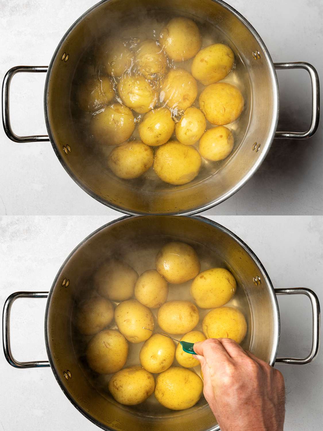 A two-image collage. The top image shows small Yukon Gold potatoes inside a pot of boiling water. The bottom image shows the potatoes, now cooked, being tested for doneness by a hand holding a metal cake tester.